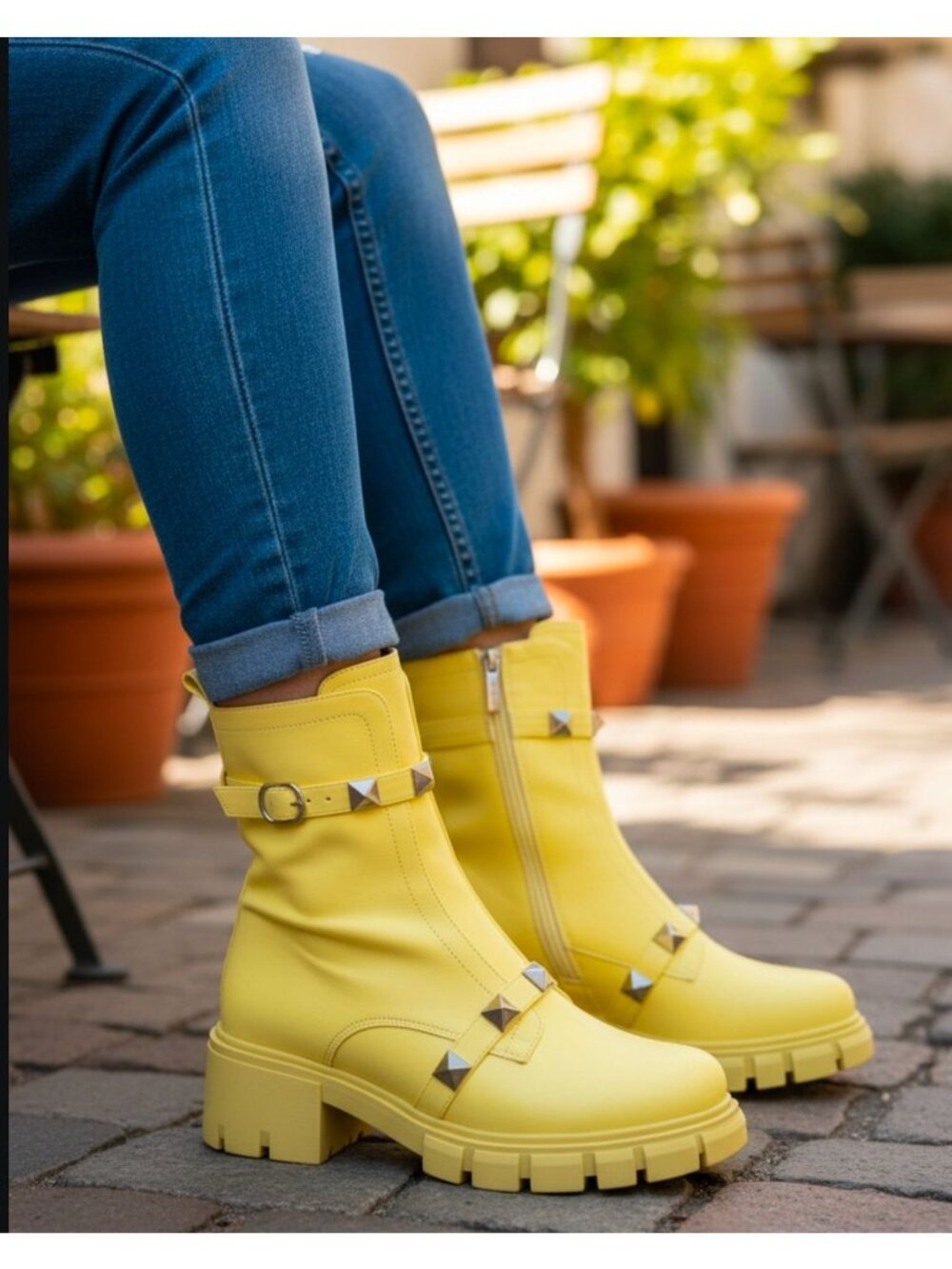 Yellow Studded Chunky Heel Ankle Boots Womens Zip Platform Combat Style